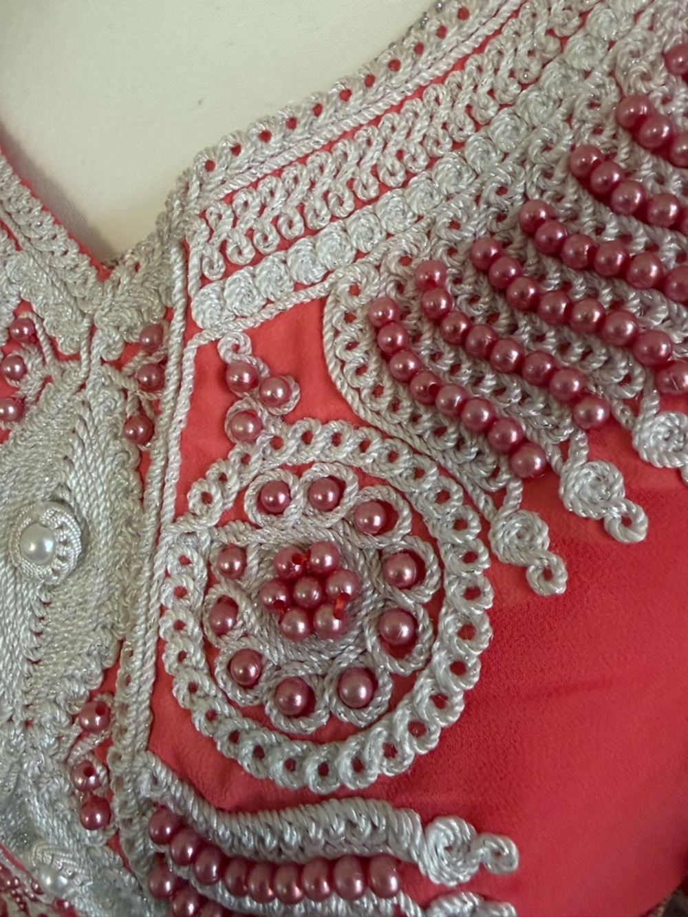 Luxury Moroccan Farasha Kaftan 2-Piece Set – Coral Red Embroidered Dress - Picture 9 of 14